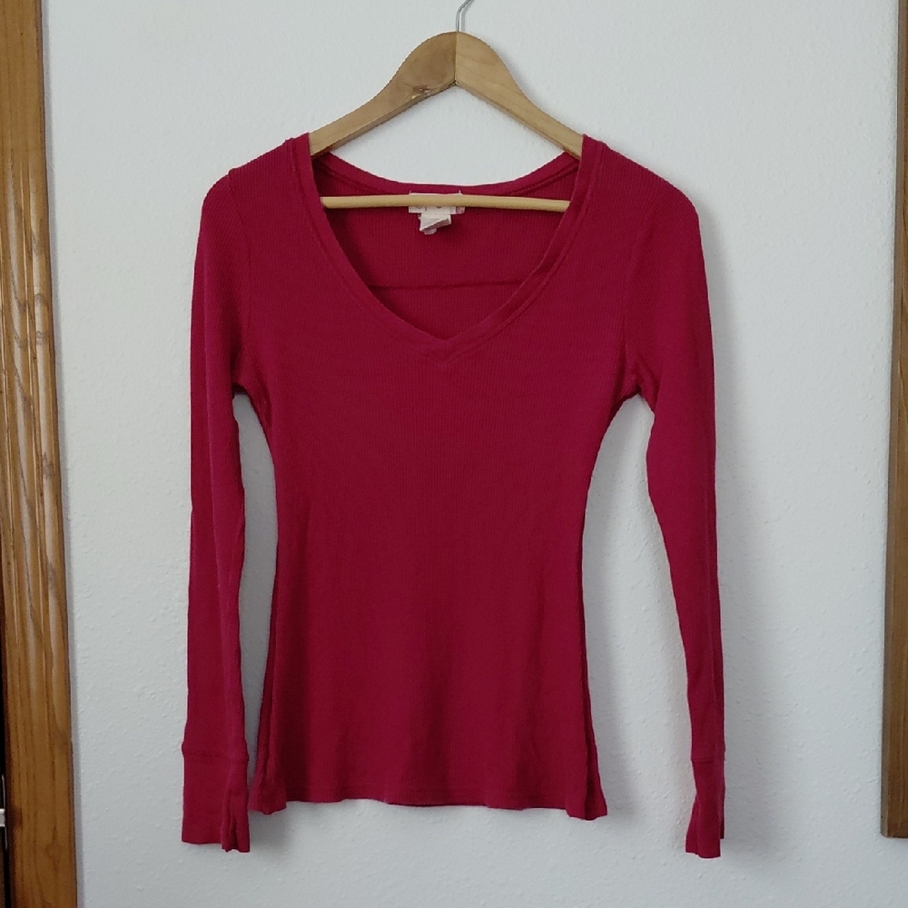 OP Dark Pink V-Neck Long Sleeve Waffle Knit Thermal Top